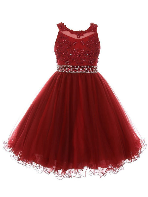Girls Burgundy Rhinestone Pearl Beaded Mesh Junior Bridesmaid Dress 4-16